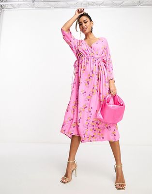 Y.A.S ruched side midi dress in pink floral print