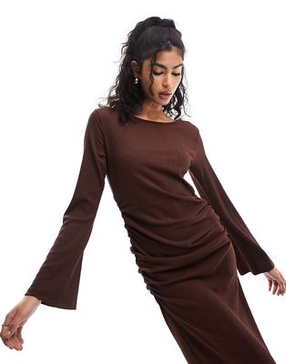 Y.A.S ruched side textured jersey maxi dress with flared sleeves in chocolate-Brown