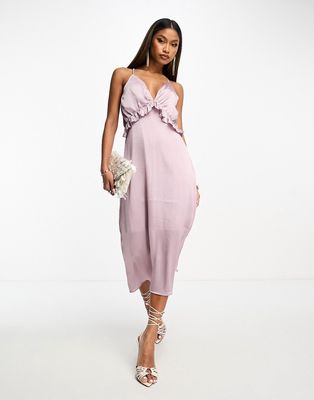 Y.A.S satin cami midi dress with frill detail in rich silver lilac-Purple