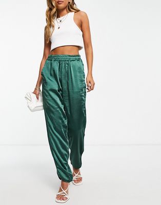 Y.A.S satin piping detail pants in dark green-Blue