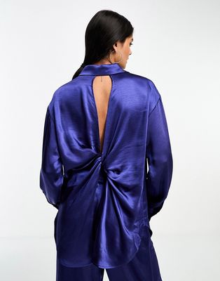 Y.A.S satin shirt with open twist back and piping detail in blue - part of a set