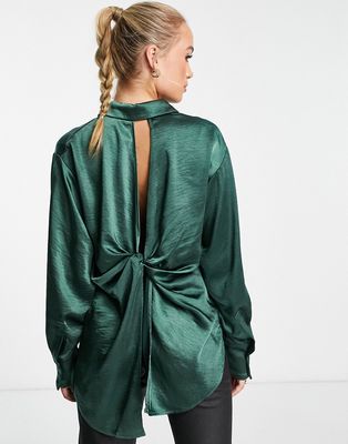 Y.A.S satin shirt with piping detail in dark green - part of a set-Blue