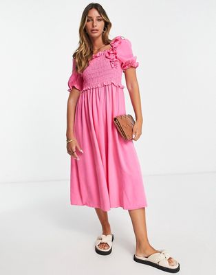 Y.A.S shirred detail midi dress in bright pink