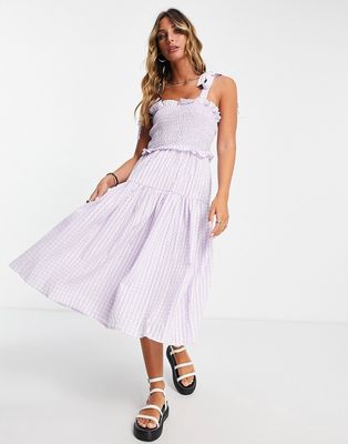 Y.A.S shirred tie strap midi dress in lavender plaid-Purple
