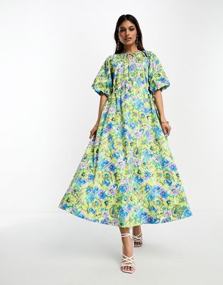 Y.A.S smock midi dress with cut out side details in floral print-Multi