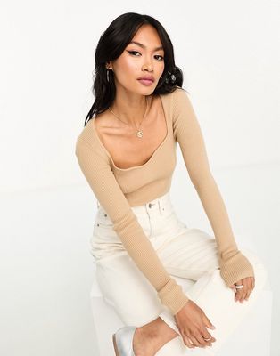 Y.A.S sweetheart neck knitted top in beige-Neutral