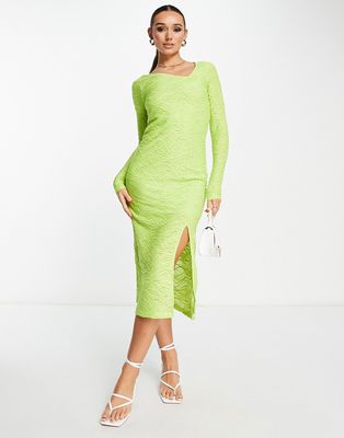 Y.A.S textured body-conscious midi dress in lime-Yellow