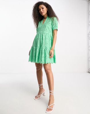 Y.A.S v neck broderie mini dress in green