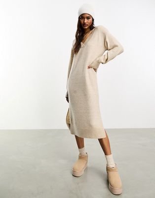 Y.A.S v neck knitted sweater dress in oatmeal-White