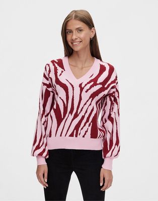 Y.A.S V-neck sweater in pink animal print