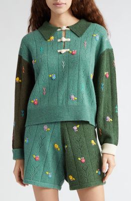YanYan Daisy Embroidered Pointelle Colorblock Lambswool Sweater in Jade