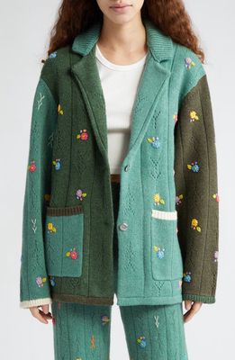 YanYan Daisy Embroidered Pointelle Knit Lambswool Blazer in Jade