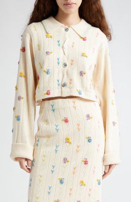 YanYan Daisy Embroidered Pointelle Knit Lambswool Crop Cardigan in Chalk