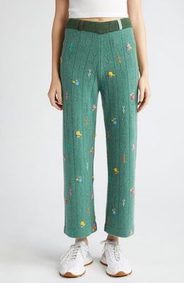 YanYan Daisy Embroidered Pointelle Knit Lambswool Pants in Jade