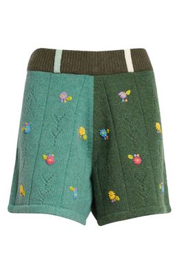 YanYan Daisy Embroidered Pointelle Knit Lambswool Shorts in Jade