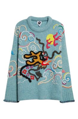 YanYan Dragon Embroidered Wool Blend Crewneck Sweater in Blue