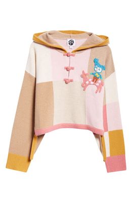YanYan Embroidered Checkerboard Hooded Wool Sweater in Strawberry