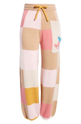 YanYan Embroidered Checkerboard Knit Wool Sweatpants in Strawberry