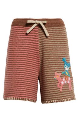 YanYan Embroidered Colorblock Stripe Wool Sweater Shorts in Hazelnut/Rose