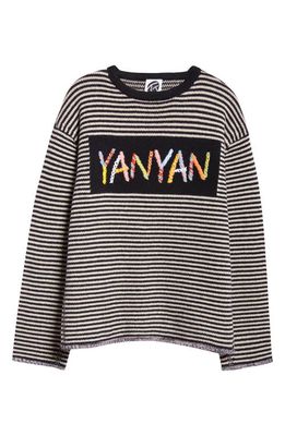 YanYan Embroidered Logo Stripe Wool Sweater in Black/Oatmeal