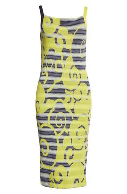 YanYan Fafa Stripe Square Neck Linen & Cotton Midi Dress in Indigo/Lemon