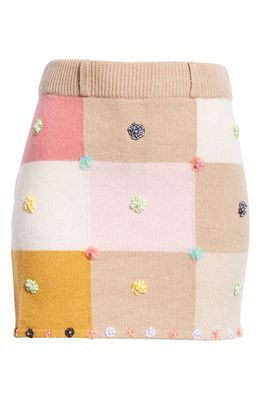 YanYan Floral Ribbon Checkerboard Knit Wool Miniskirt in Strawberry