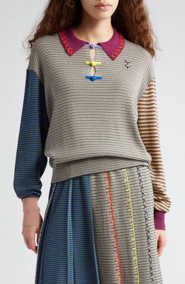YanYan Microstripe Embroidered Cotton Sweater in Blue/Grey/Yellow