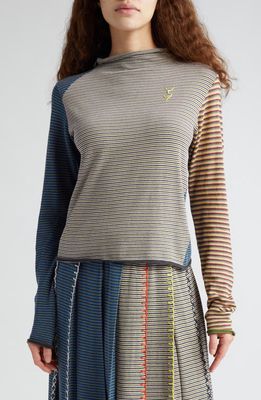 YanYan Microstripe Embroidered Cotton Turtleneck Sweater in Blue/Grey/Yellow