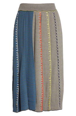 YanYan Microstripe Pleated Knit Cotton Midi Skirt in Blue/Grey/Yellow