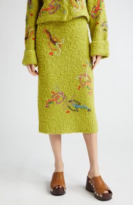 YanYan Shrimp Embroidered Alpaca & Wool Blend Bouclé Skirt in Sprout