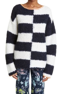 YanYan Snowy Embroidered Check Wool & Alpaca Blend Sweater in Midnight/Ivory