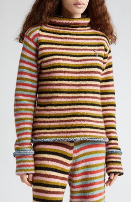 YanYan Softi Stripe Embroidered Wool Blend Funnel Neck Sweater in Chocoberry