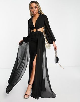 Yaura backless high low maxi dress with hoop detail in black