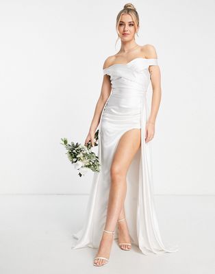 Yaura Bridal Bardot drape maxi dress in ivory-White