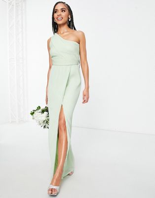 Yaura Bridesmaid drape one shoulder maxi dress in sage-Green