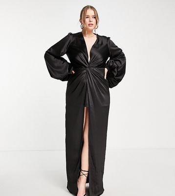 Yaura Plus twist front balloon sleeve maxi dress in black