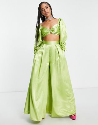 Yaura super wide leg pants in lime green - part of a set