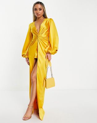 Yaura twist front balloon sleeve maxi dress in ochre-Yellow