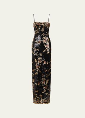 Yazmeen Square-Neck Floral Sequin Column Gown