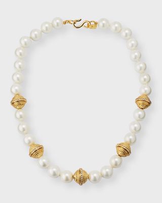Yellow Gold 5-Station White Shell Pearl Necklace