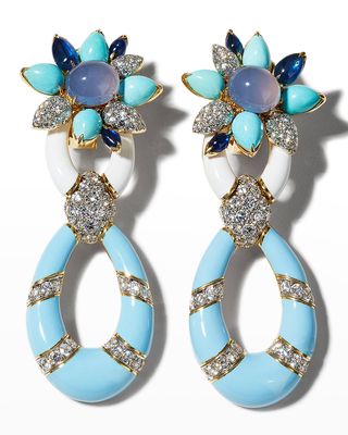 Yellow Gold and Platinum Asheville Earrings with Blue Chalcedony, Turquoise and Sapphires