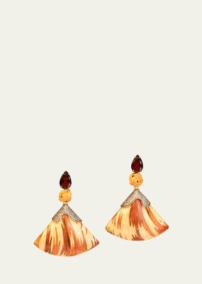 Yellow Gold Bamboo Marquetry Earrings with Brown Diamonds and Garnet