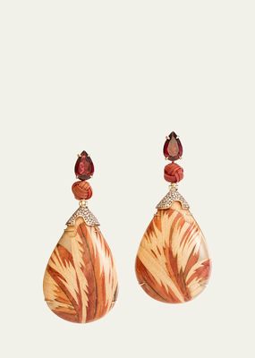 Yellow Gold Bamboo Marquetry Earrings with Diamonds and Garnet