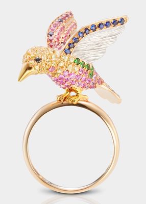 Yellow Gold Bird Ring with Pink, Yellow and Blue Sapphires