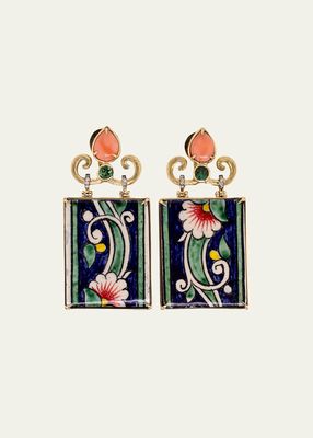Yellow Gold Ceramic Earrings with Diamond, Green Tourmaline and Coral