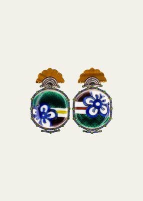 Yellow Gold Ceramic Earrings with White and Black Diamonds, Blue Sapphire, Tsavorite and Tigers Eye