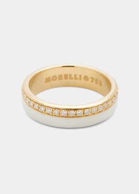 Yellow Gold Double Band Ring with Diamonds and White Enamel