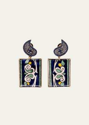 Yellow Gold Drop Earrings with Diamond, Blue Sapphire and Ceramic