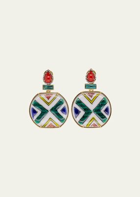 Yellow Gold Drop Earrings with Green Tourmaline, Coral and Diamonds