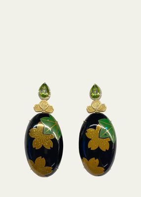 Yellow Gold Earrings with Maki Lacquer, Peridot, and Diamonds